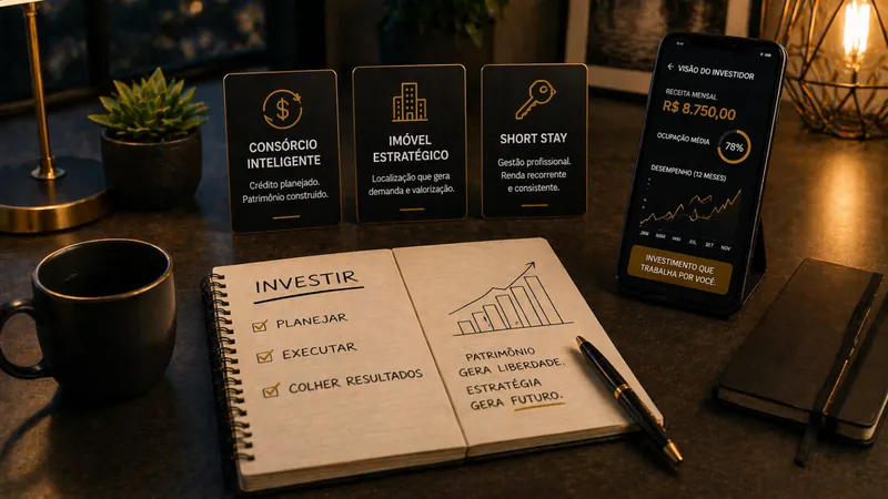 Mesa com caderno de planejamento e cartões de consórcio, imóvel estratégico e short stay, imagem da matéria